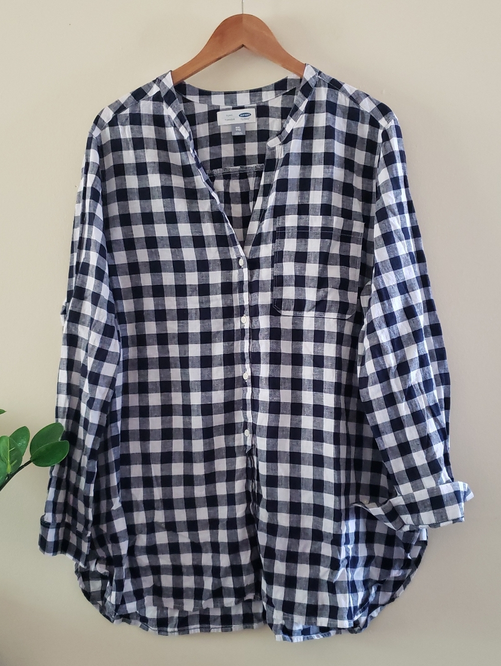 Old Navy Plaid Linen/ Cotton Gingham Button Down LS Tunic Blouse - X